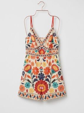 Embroidered Floral V-Neck Romper with Red Straps‎